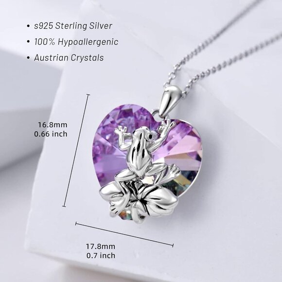 Sterling Silver Frog Pendant Necklace with Heart Crystal for Women - Picture 6 of 8
